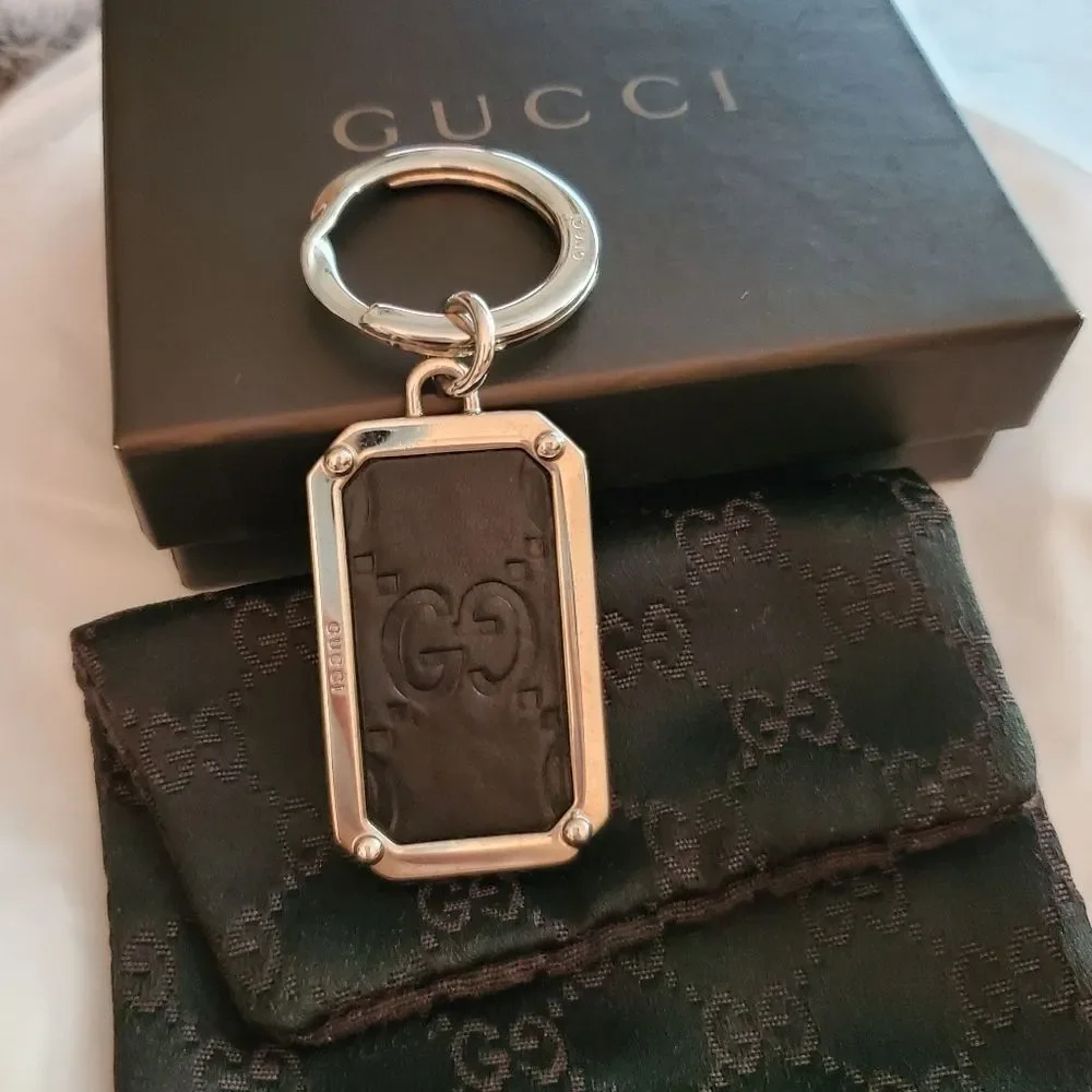 GUCCI Key Ring Shima Dark Brown Leather & Silver Metal Men's Keychain Bag Charm